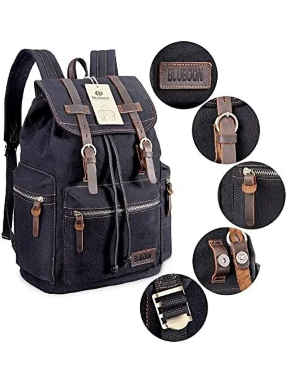 Vintage Leather Trim Backpack | Casual Bookbag for Men & Women | Travel Rucksack